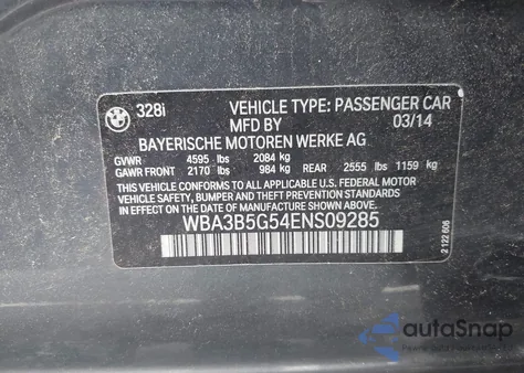 2014 BMW 328I xDrive from USA, damaged, VIN WBA3B5G54ENS09285